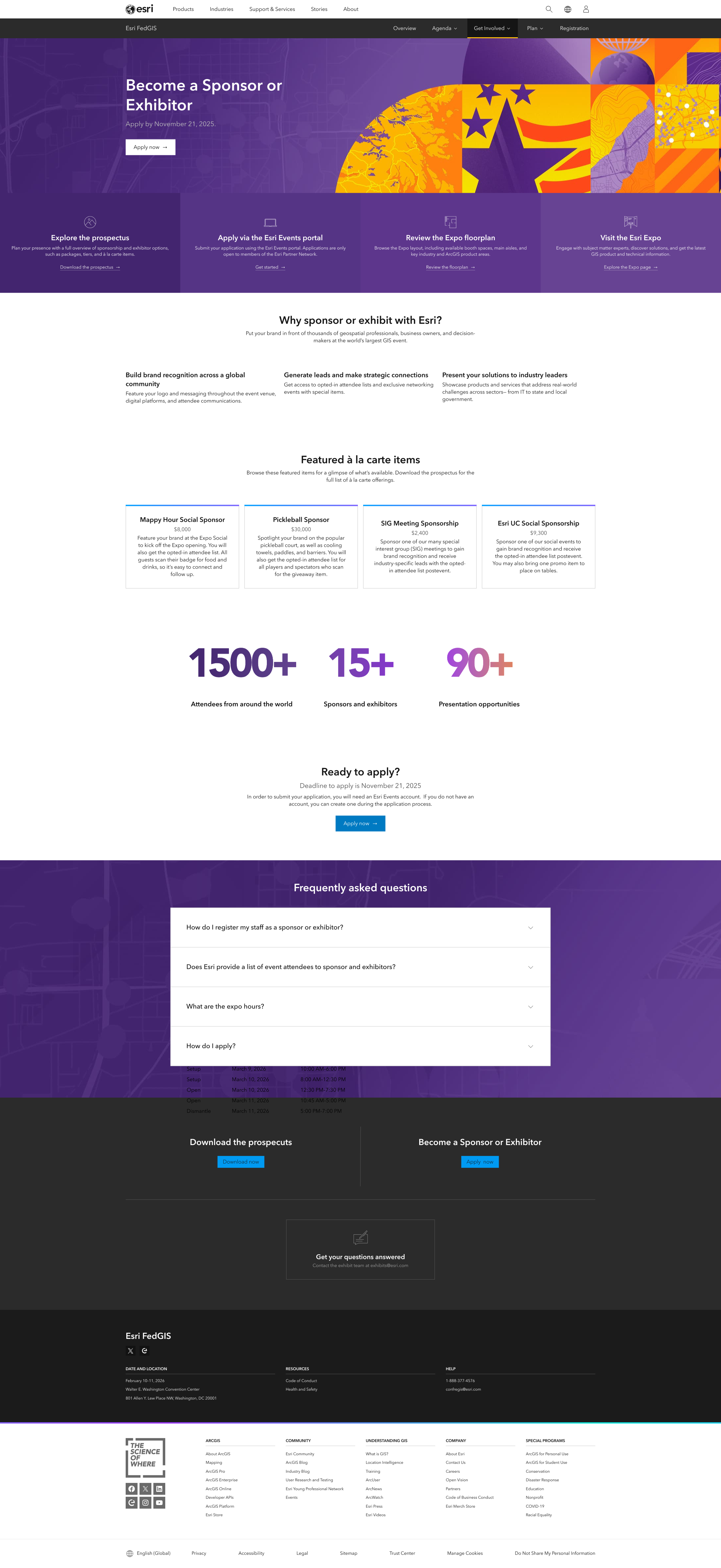 Become a Sponsor page after applications open, with an Apply now CTA, application deadline, and sponsorship opportunities visible